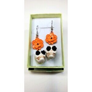Gothic Dia De Los Muertos Skull Earrings Orange Marigold Floral Dangle Boho